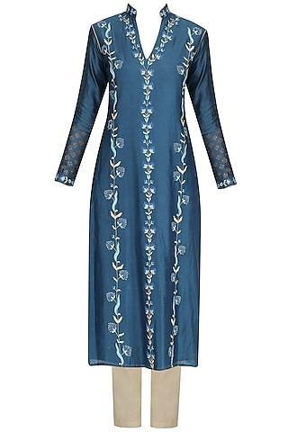 ink blue embroidred kurta and khadi pants set