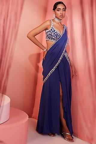 ink blue georgette pre-draped saree set