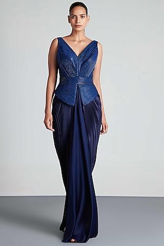 ink blue hand embroidered draped peplum gown