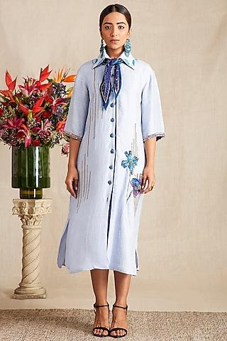 ink blue hand embroidered shirt dress with mask