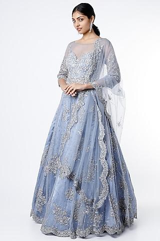 ink blue net silver embroidered gown with dupatta