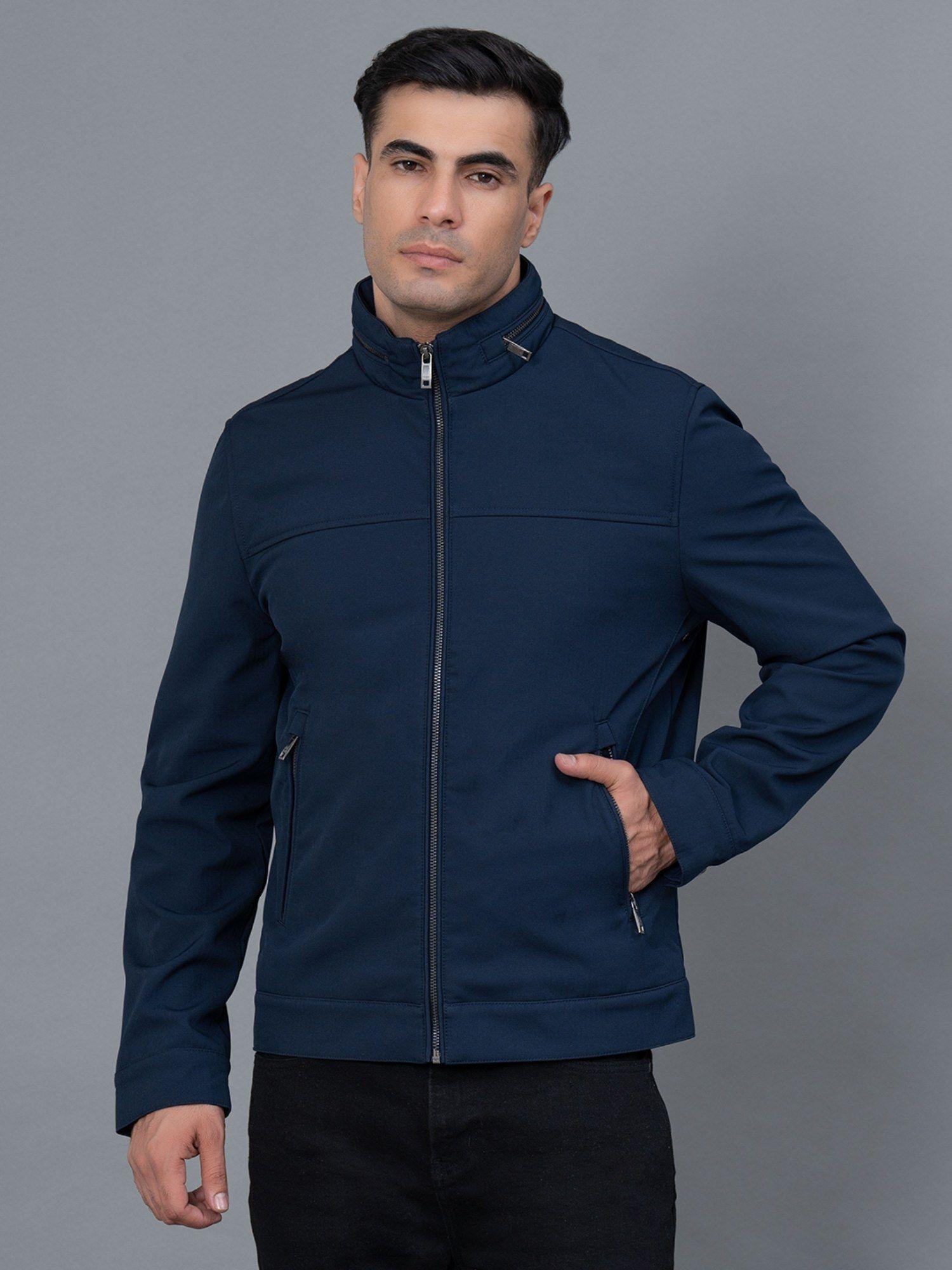 ink blue solid polyester elastana men's jacket