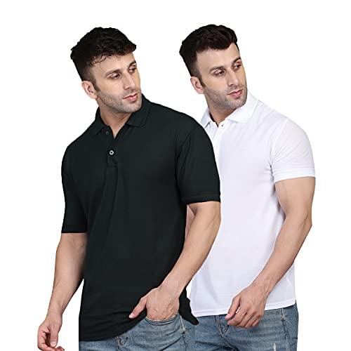 inkkr men's combo polo neck cotton blend solid t-shirt (pack of 2) black-white