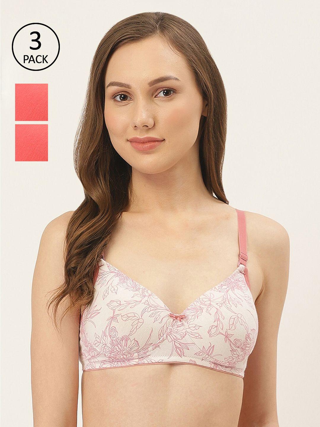 inner sense pack of 3 off-white & pink organic cotton nonwired lightly padded t-shirt bras