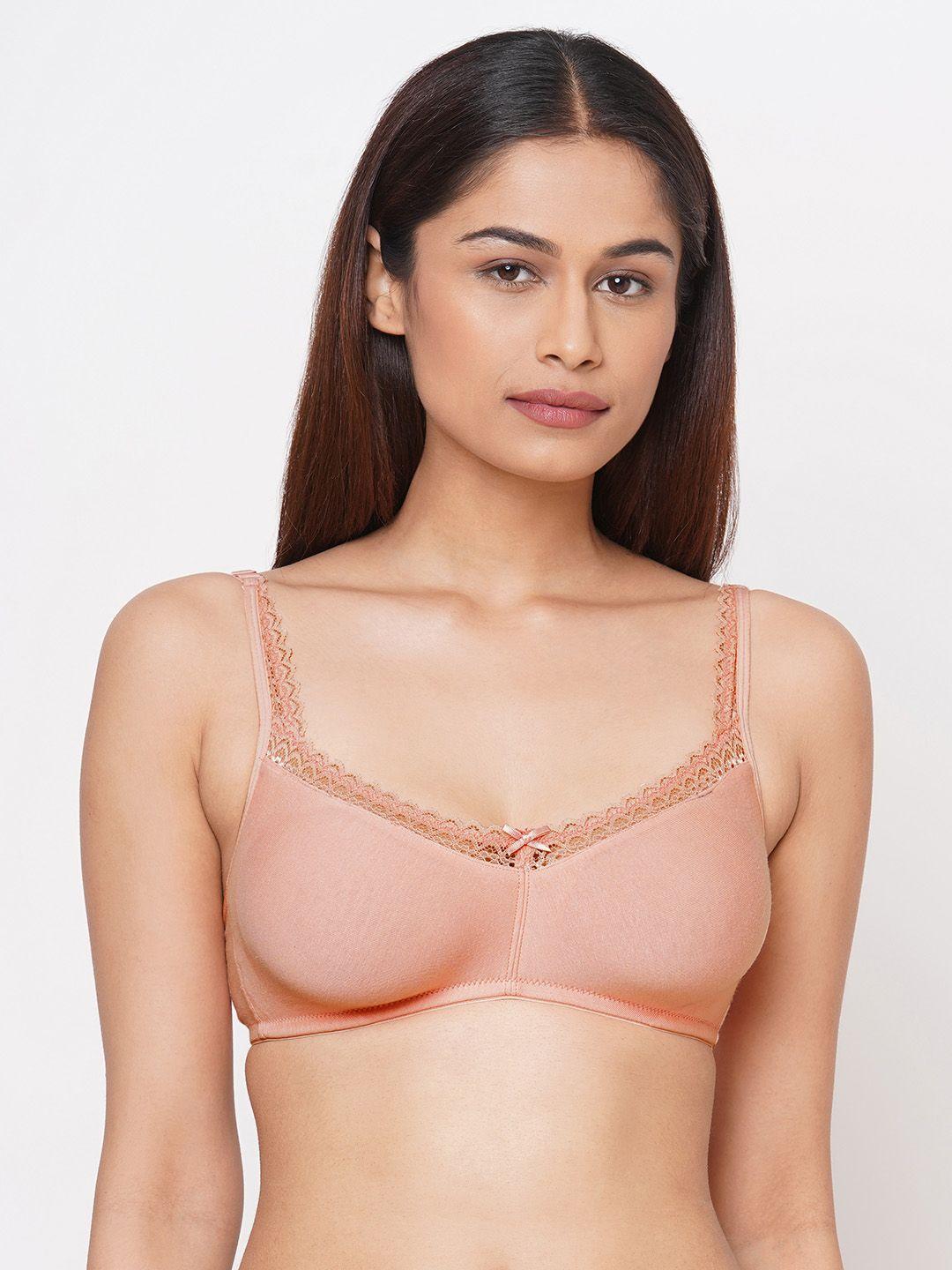 inner sense peach-coloured solid organic cotton antimicrobial sustainable soft laced bra isb017