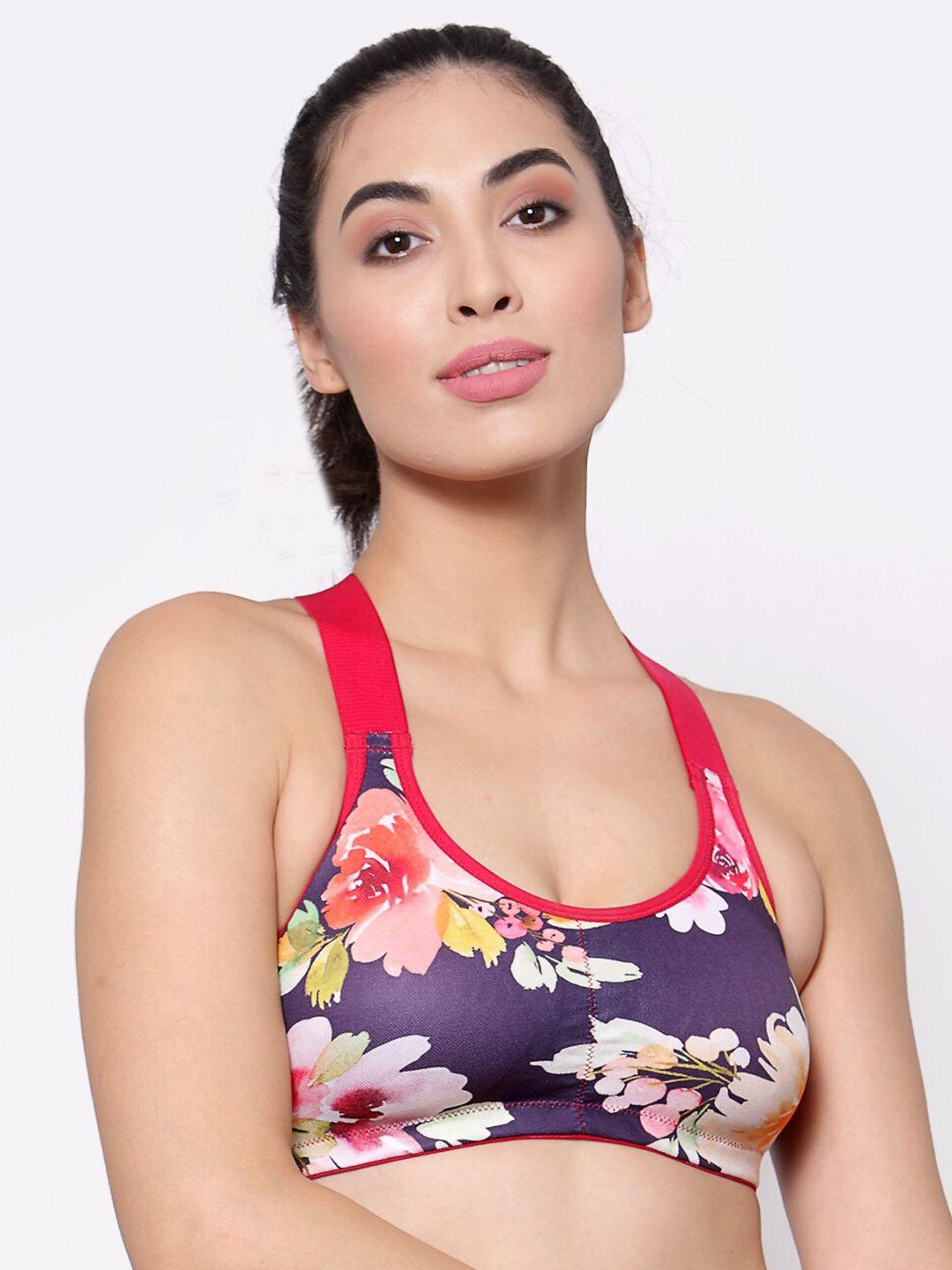inner sense purple & red floral antimicrobial workout bra