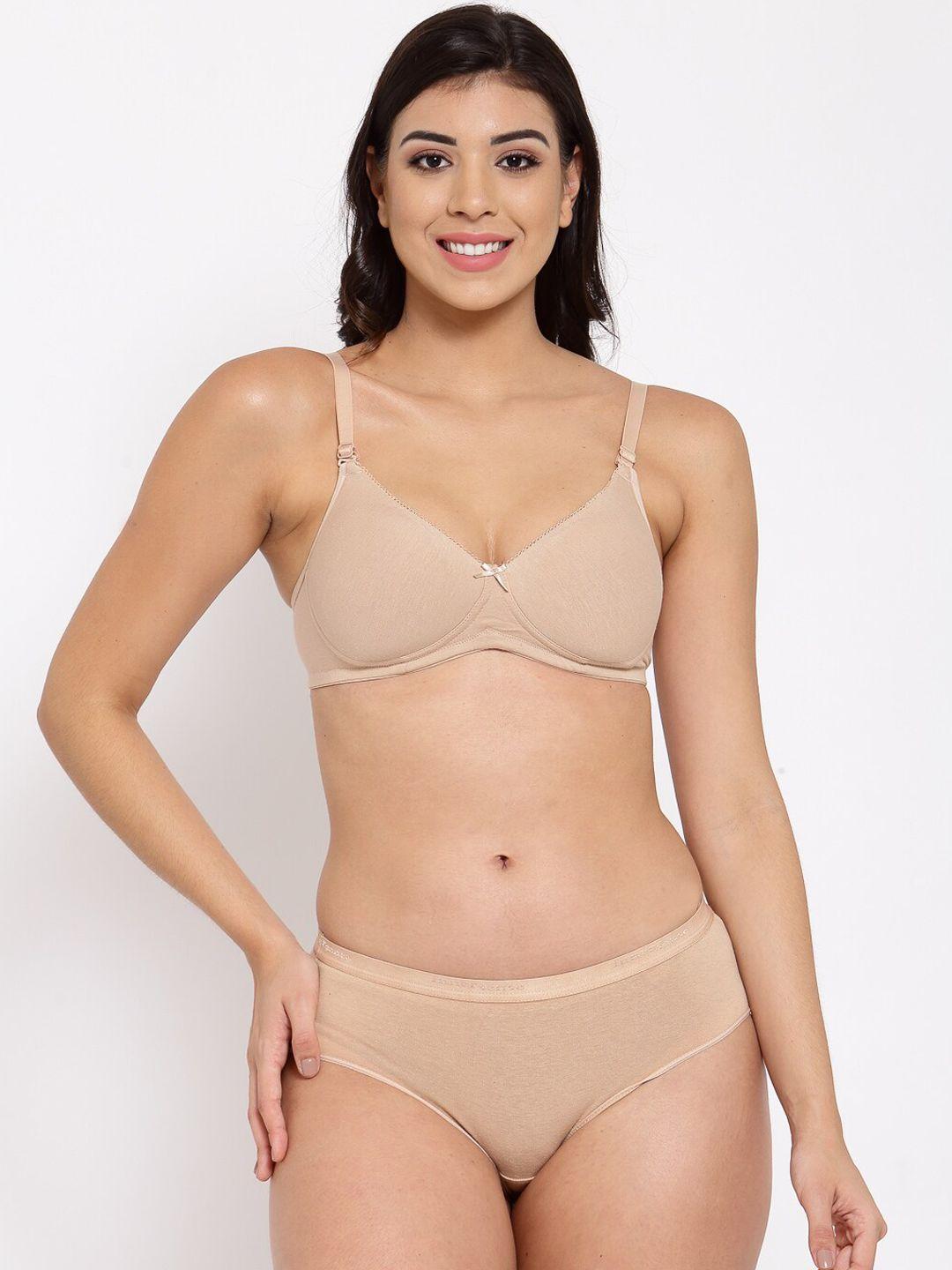 inner sense women beige solid organic cotton antimicrobial sustainable lingerie set isbp104_isp002-skin