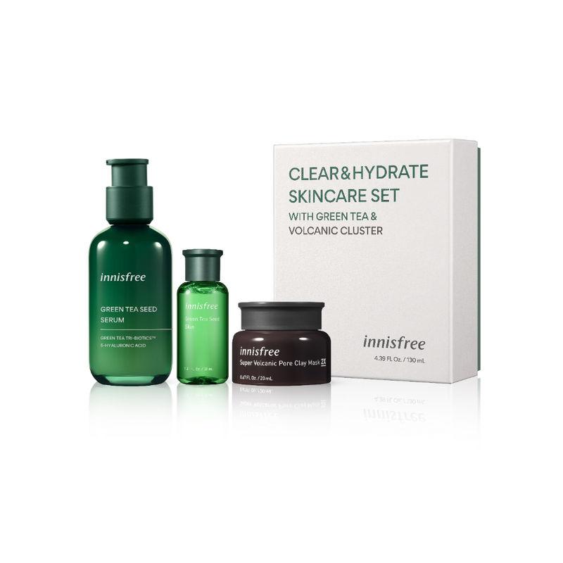 innisfree clear & hydrate skincare set with green tea & volcanic cluster