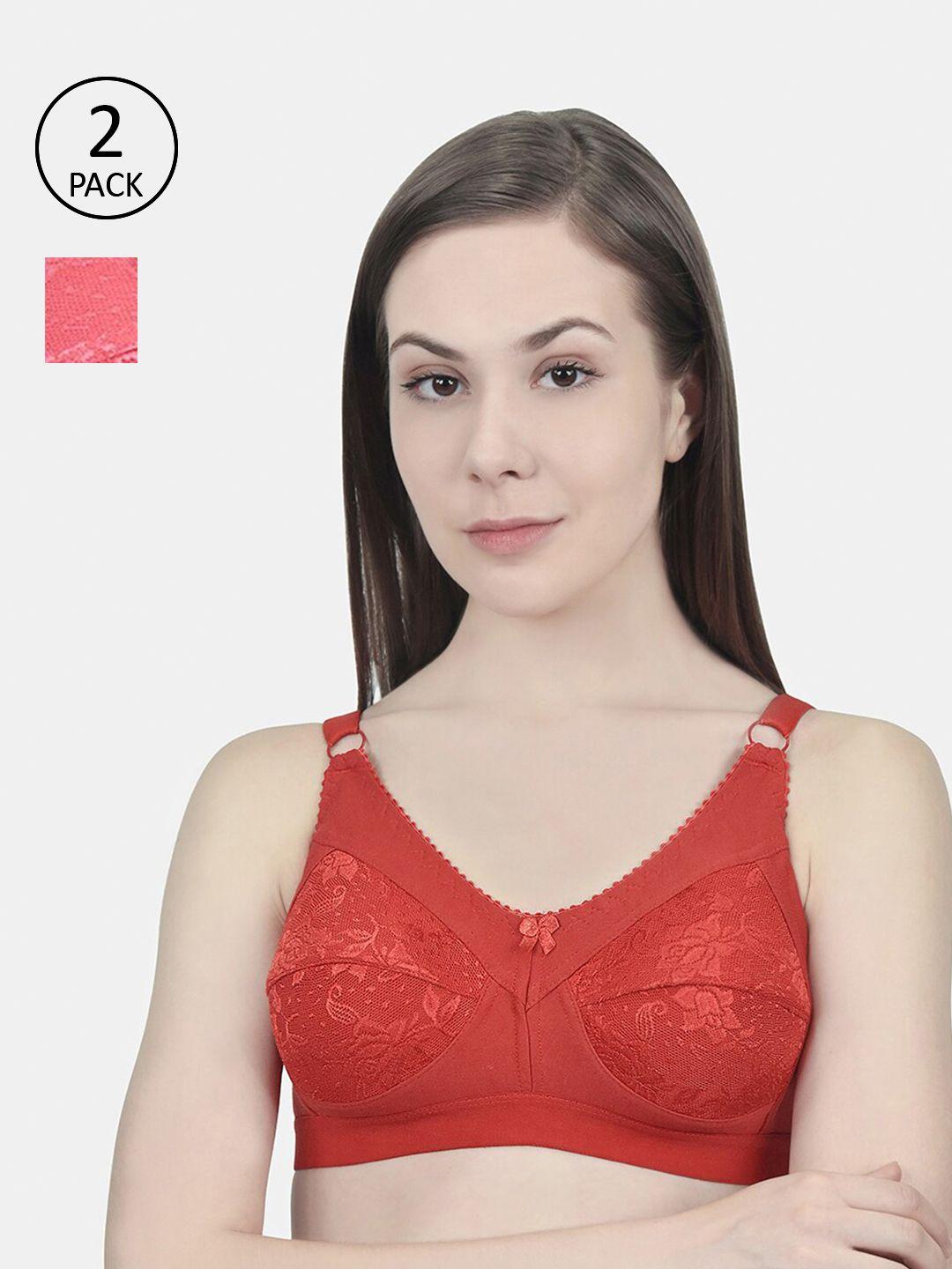 innocence red & peach set of 2 solid non padded  bra