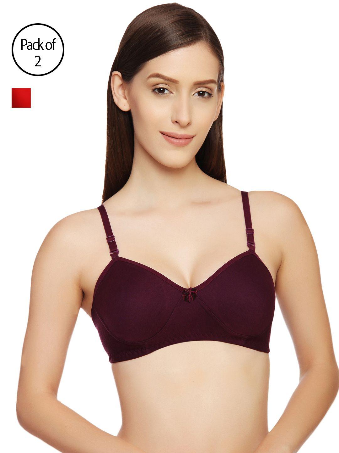 innocence women pack of 2 violet & red solid non-wired non padded demi bra