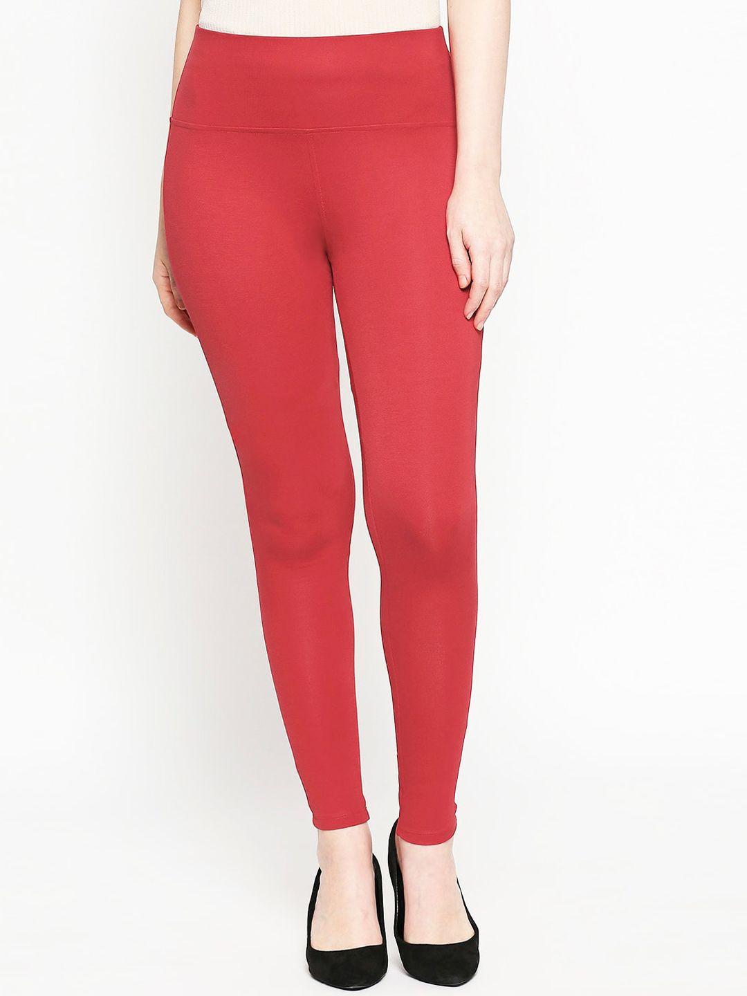 inocencia women coral-coloured solid skinny-fit treggings