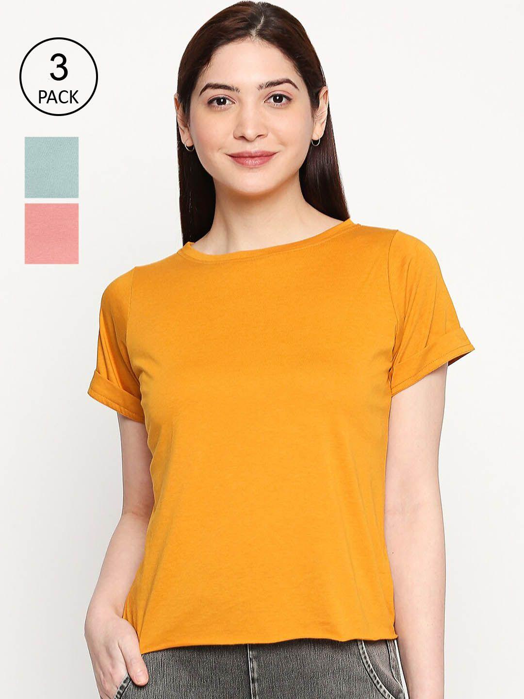 inocencia women yellow & peach pack of 3 solid t-shirt