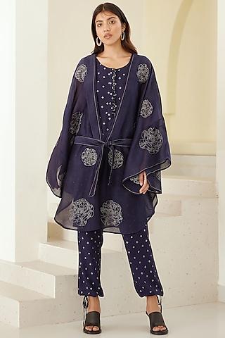 insignia blue chanderi & modal hand block printed kimono set