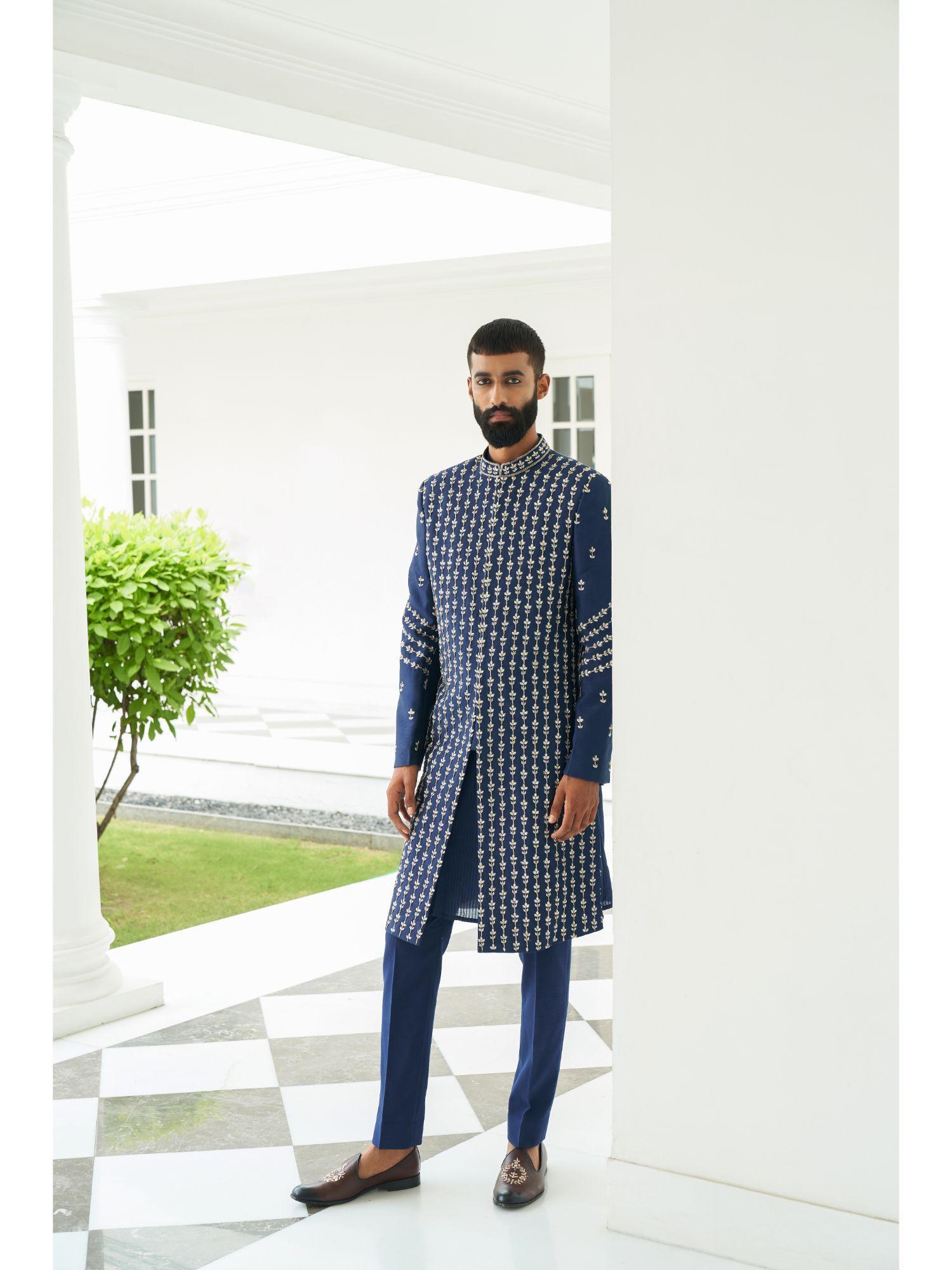 insignia blue sherwani with kurta & pant (set of 3)