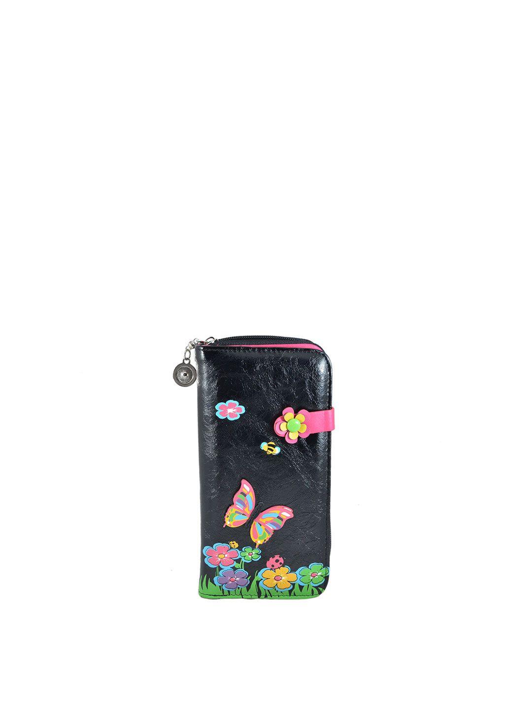 instabuyz women black & pink floral printed pu zip around wallet