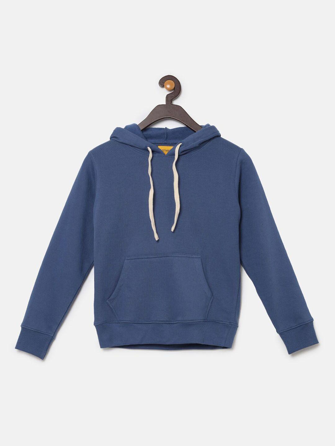 instafab boys blue pure cotton solid hooded pullover sweatshirt