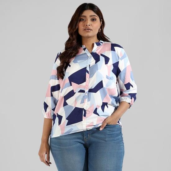 instafab plus women geometric print mandarin collar shirt