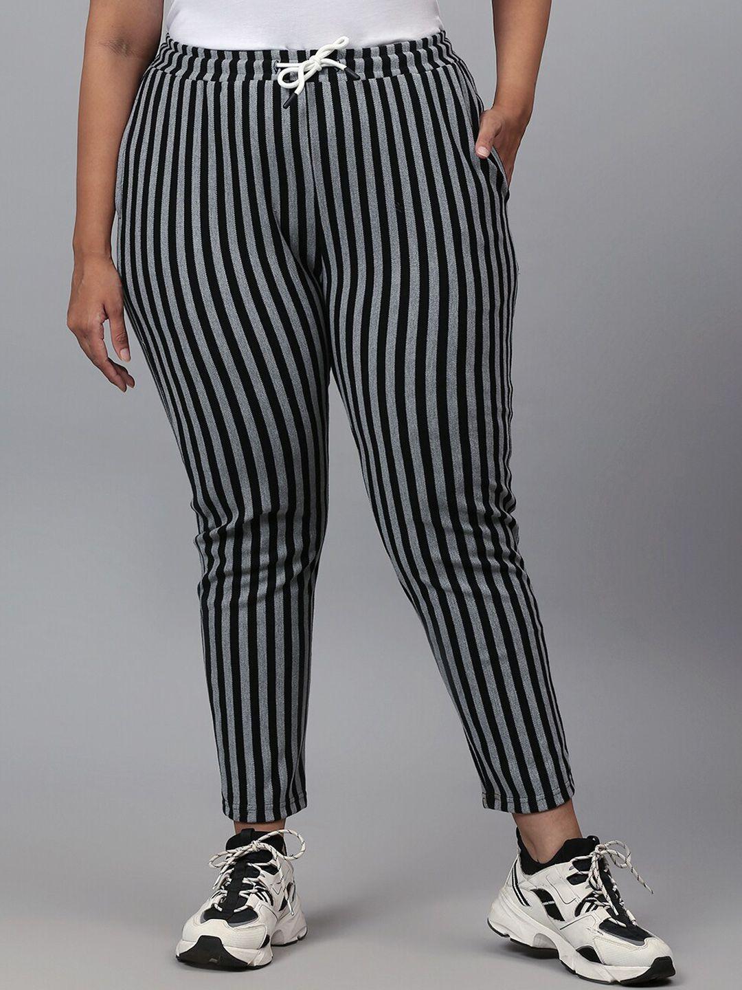 instafab plus women grey & black striped relaxed-fit cotton track pants