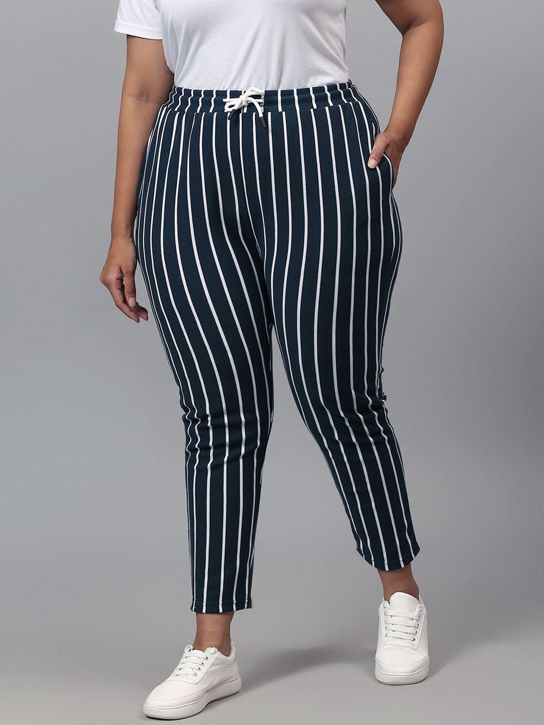 instafab plus women navy blue & white striped cotton relaxed-fit track pants