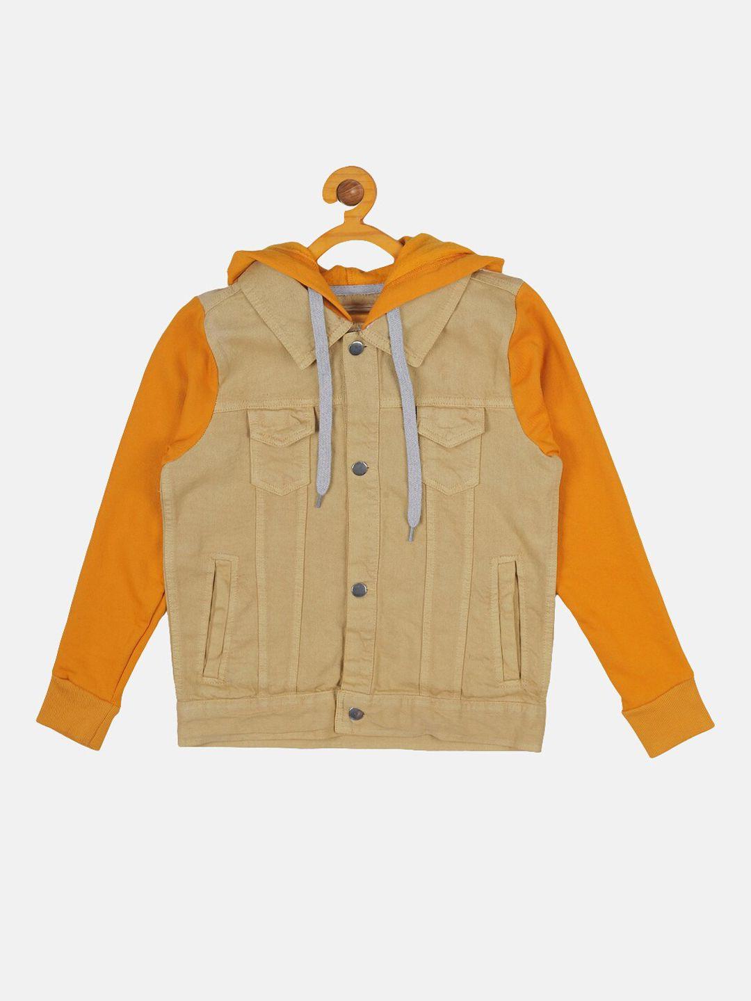 instafab boys beige & orange hooded denim jacket