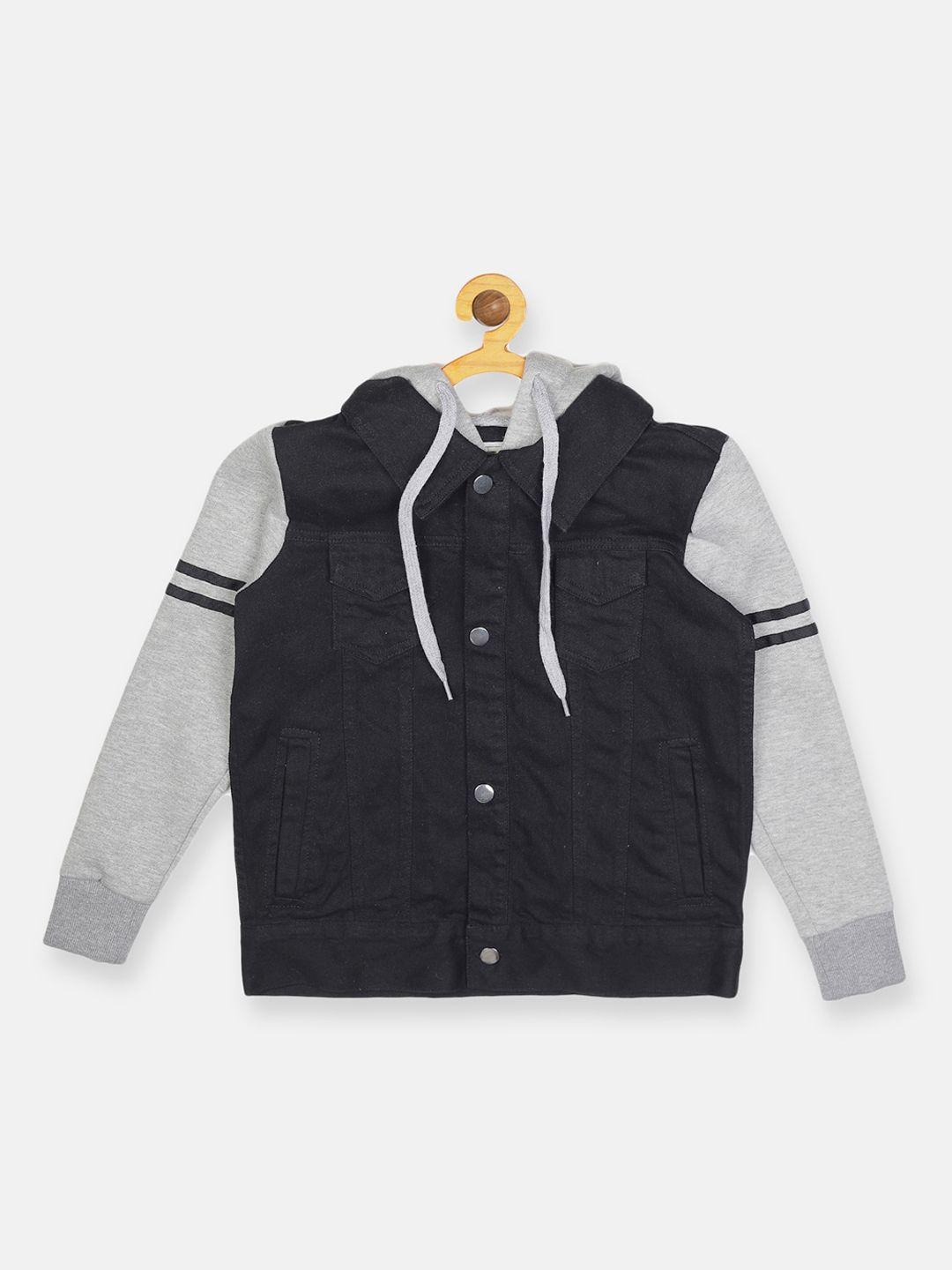 instafab boys black & grey stylish hooded denim jacket