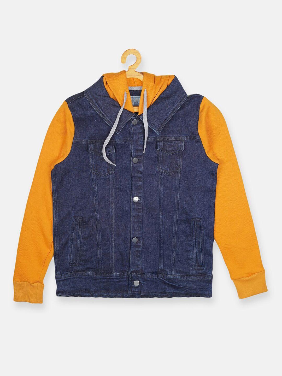 instafab boys blue & yellow hooded denim jacket