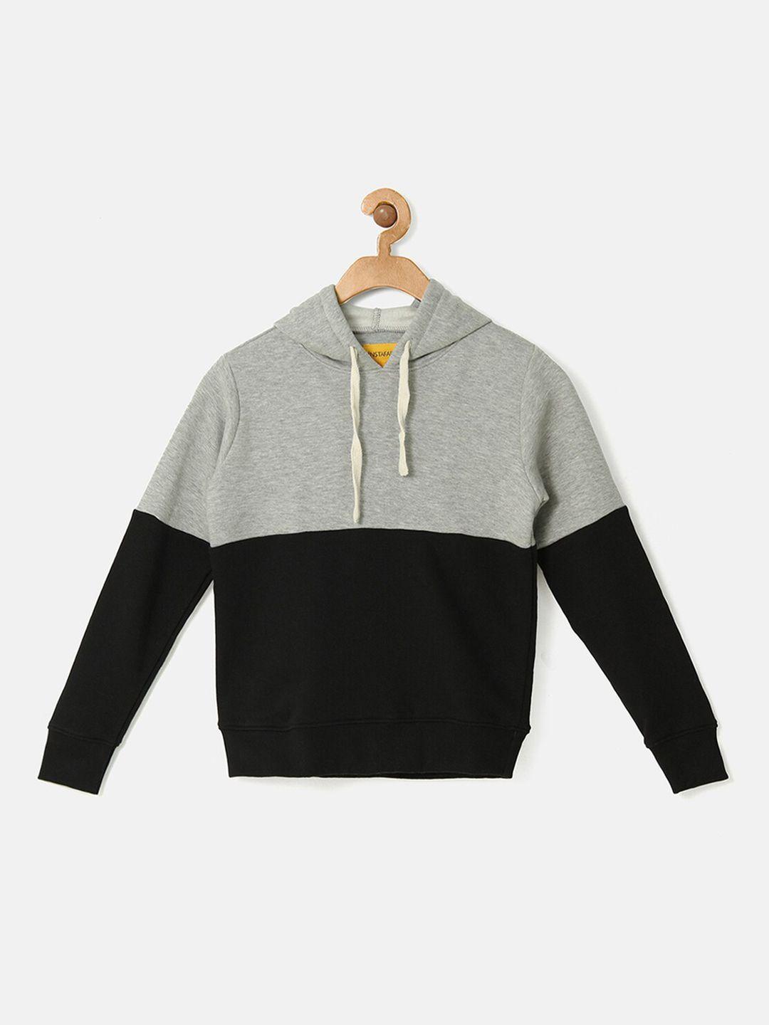 instafab boys grey & black colourblocked hooded sweatshirt
