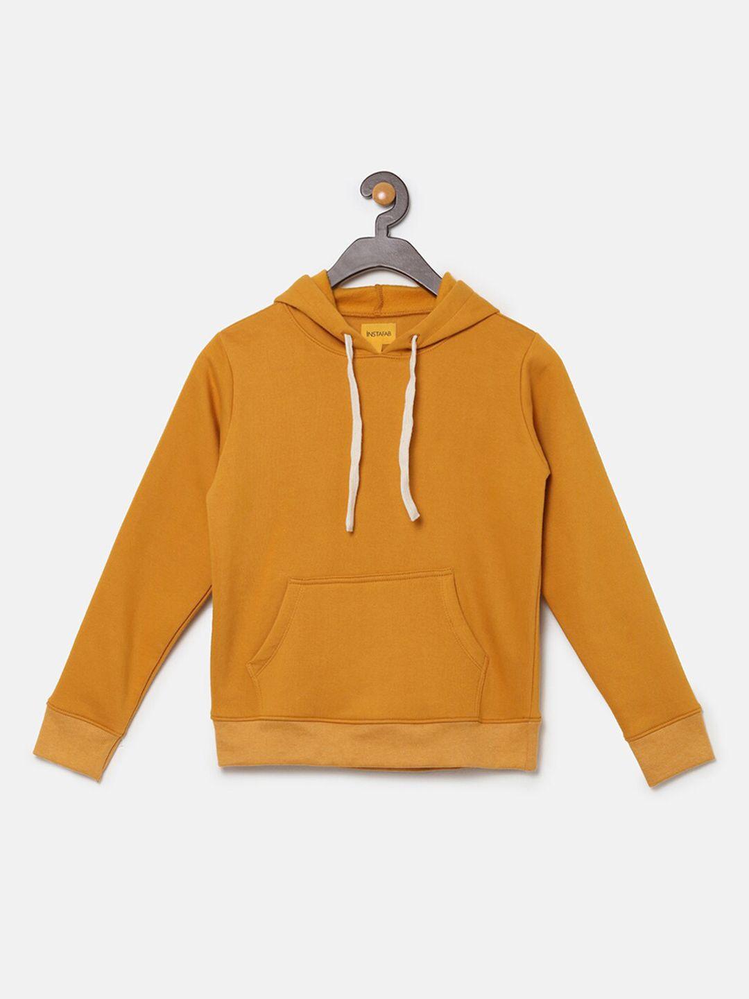 instafab boys mustard pure cotton solid hooded pullover sweatshirt