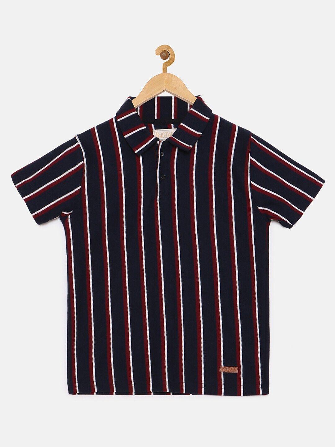 instafab boys navy blue & white striped polo collar t-shirt