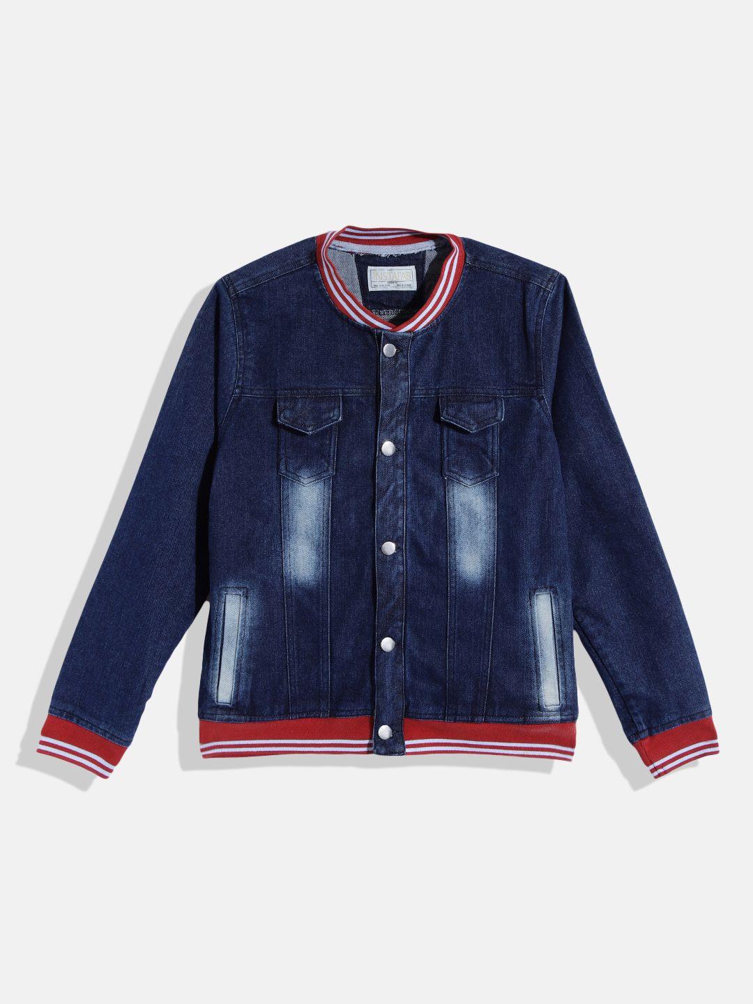 instafab boys navy blue washed denim jacket