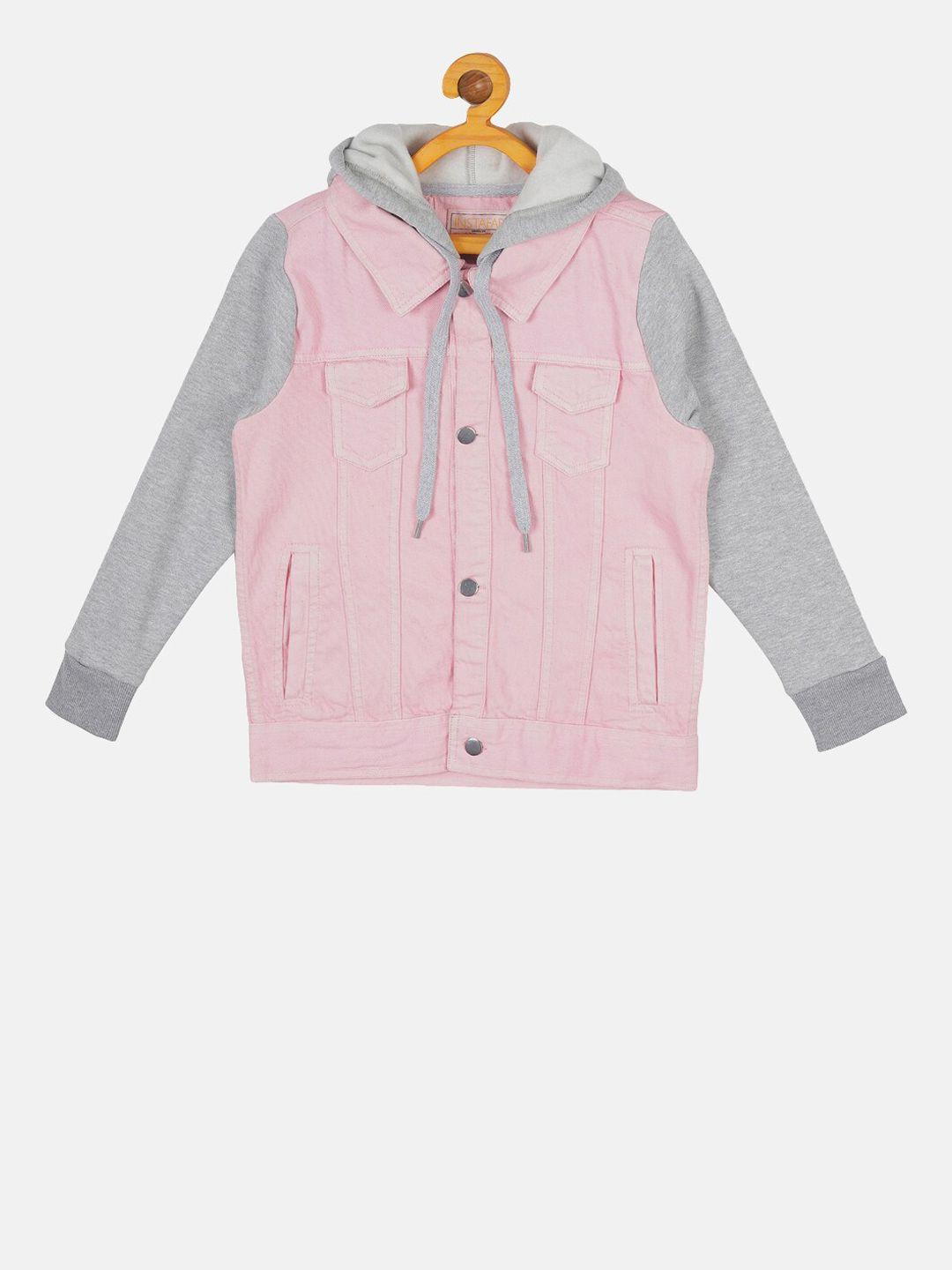 instafab boys pink & grey solid windcheater denim jacket