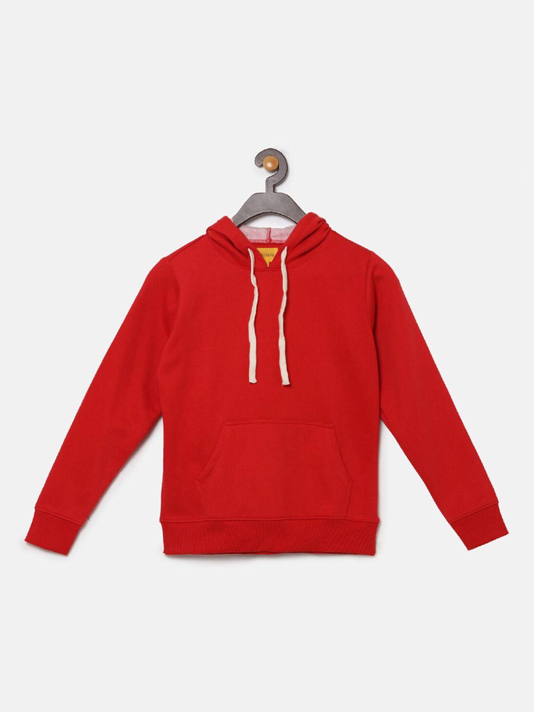 instafab boys red pure cotton solid hooded pullover sweatshirt