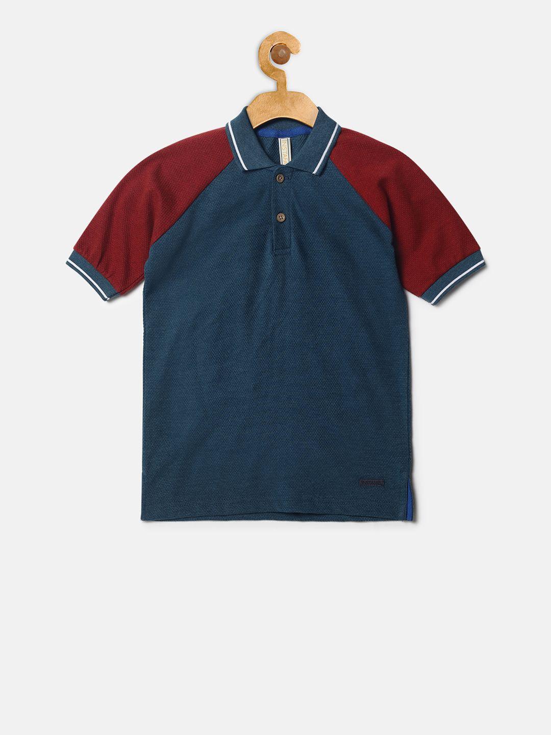 instafab boys teal blue & maroon colourblocked polo collar t-shirt