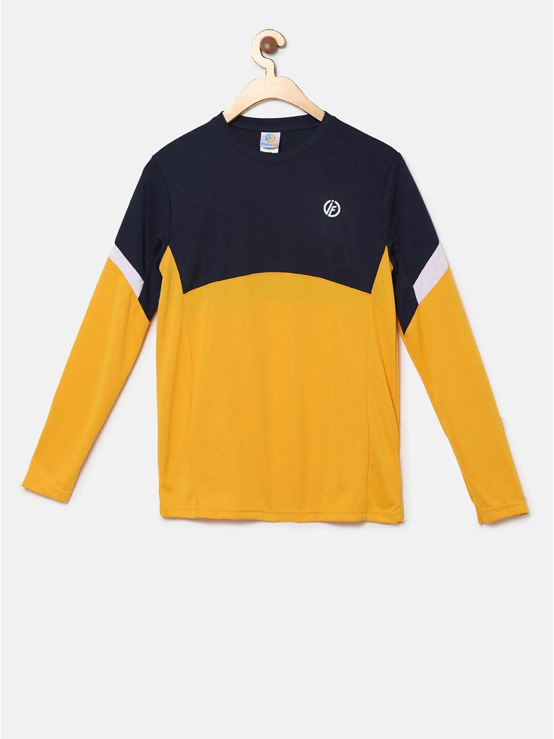 instafab boys yellow & navy blue colourblocked round neck t-shirt