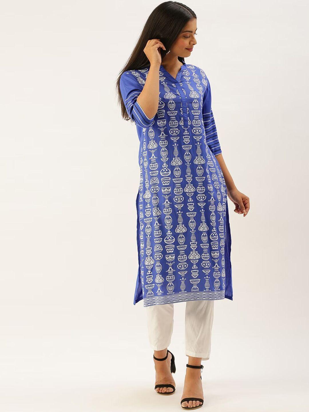 instafab ethnic motifs printed mandarin collar straight kurta with trousers
