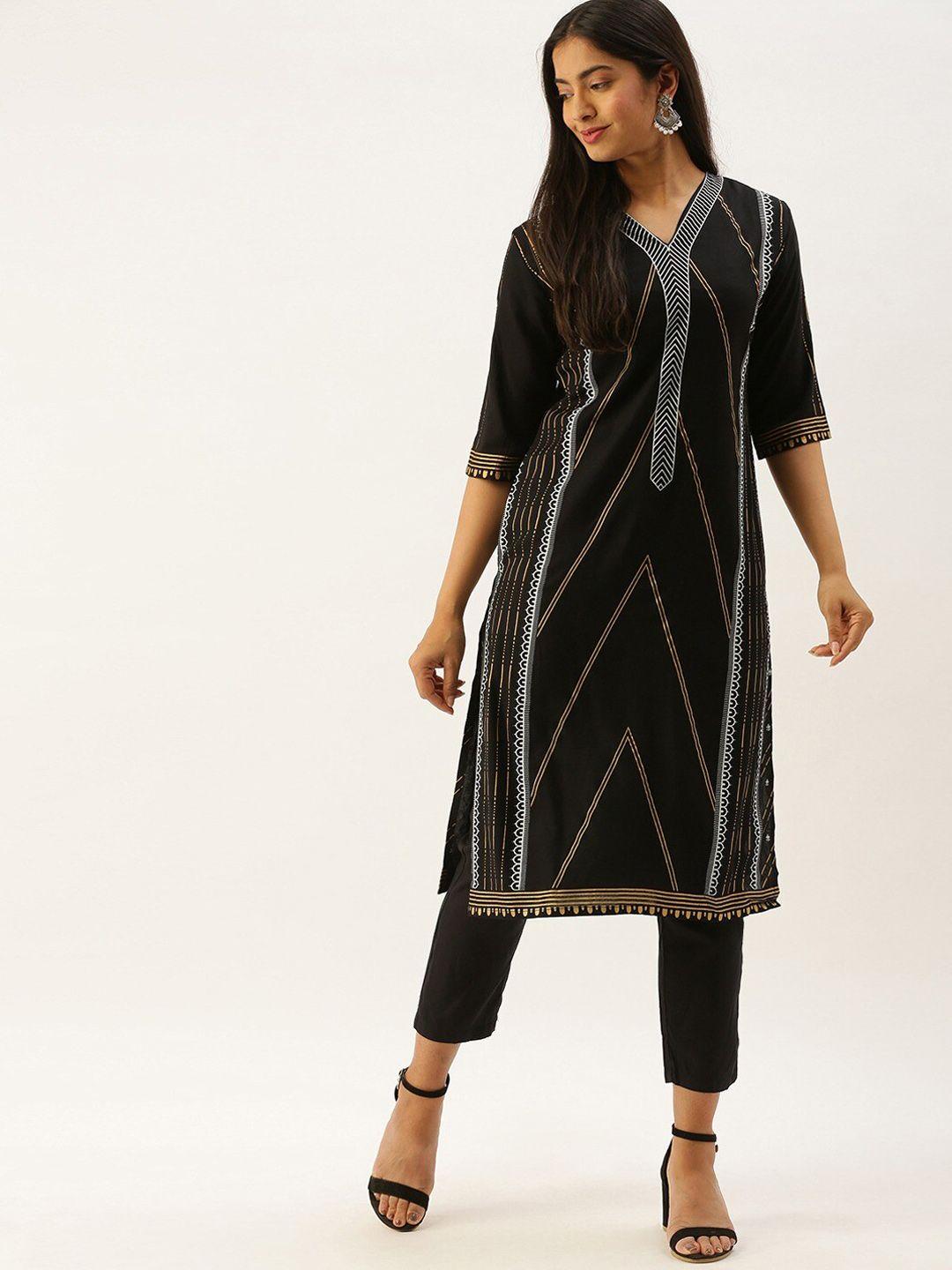 instafab ethnic motifs printed v-neck straight kurta with trousers