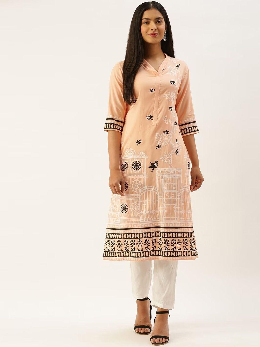 instafab ethnic motifs printed v-neck straight kurta with trousers