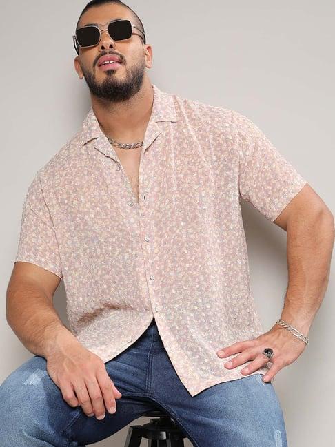 instafab plus beige regular fit floral print plus size shirt