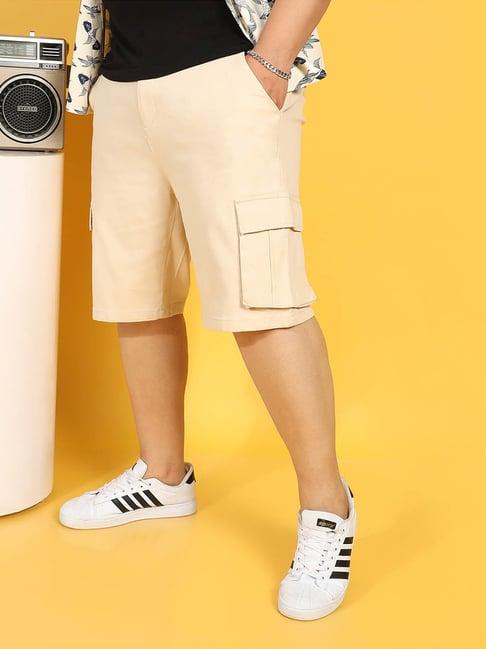 instafab plus beige regular fit plus size cargo shorts