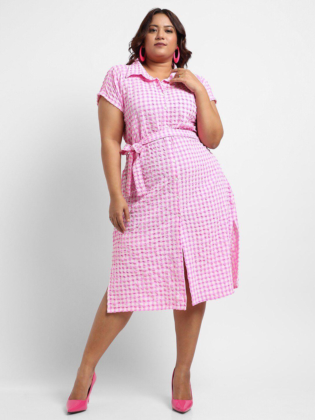 instafab plus checked waist tie-up midi shirt dress