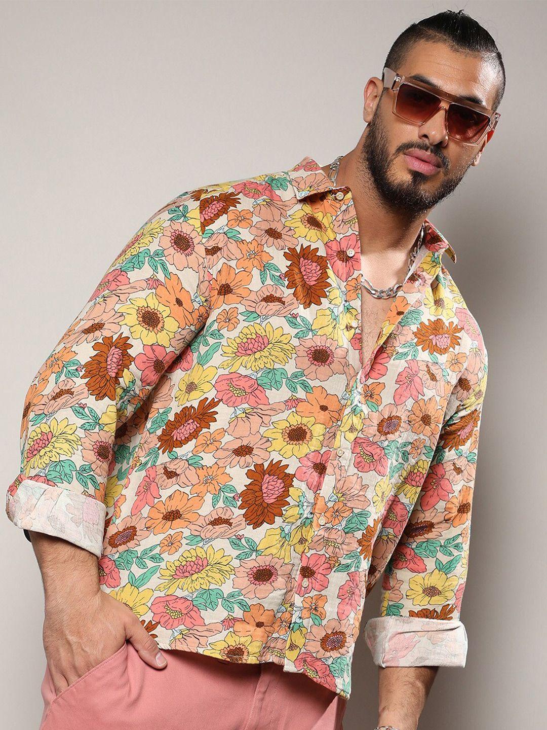 instafab plus classic floral printed spread collar cotton casual shirt