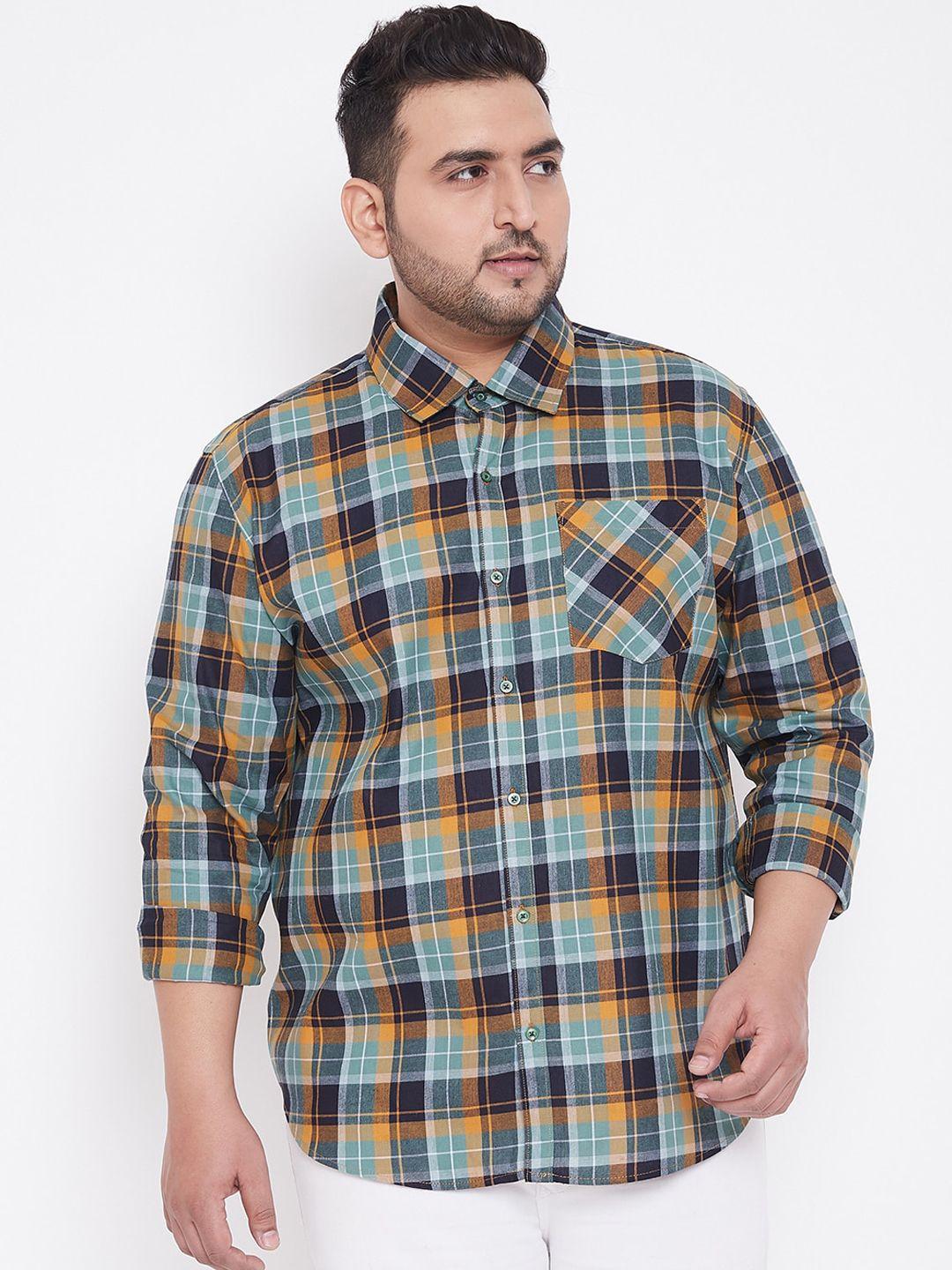 instafab plus men green regular fit checked casual shirt