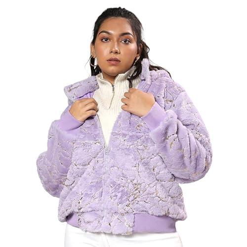 instafab plus women's lilac metallic veined faux fur jacket for casual wear | high neck |long sleeve | zipper closure | jacket crafted with comfort fit for everyday wear