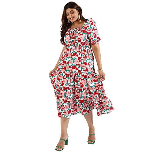 instafab plus women's multicolour printed short sleeve midi length dress regular fit for casual wear | modern clothing dress crafted with comfort fit for everyday wear