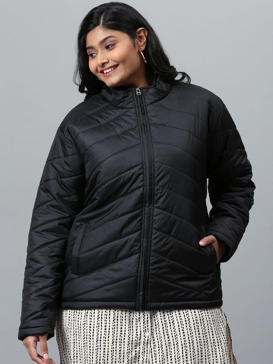 instafab plus women black colourblocked windcheater puffer jacket