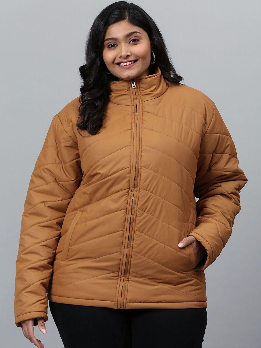 instafab plus women brown colourblocked windcheater puffer jacket