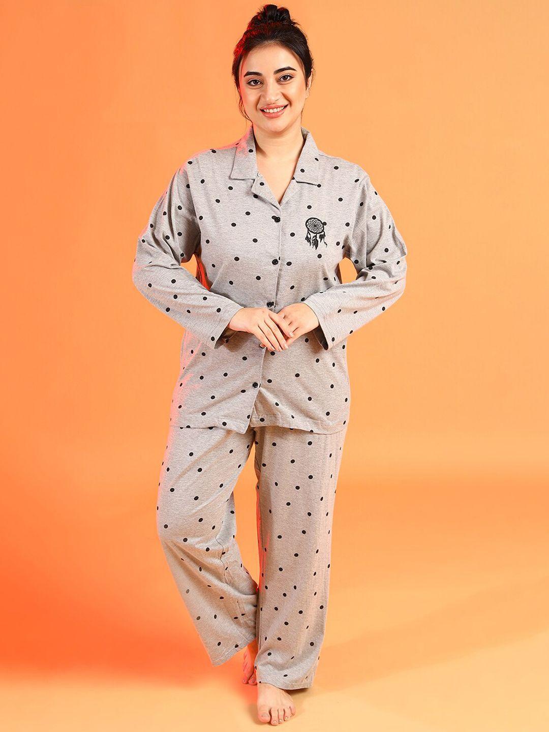 instafab plus women grey & black polka dot printed plus size cotton night suit