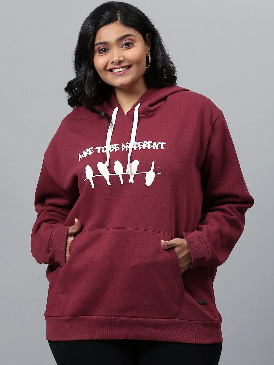 instafab plus women maroon printed hooded sweatshirt