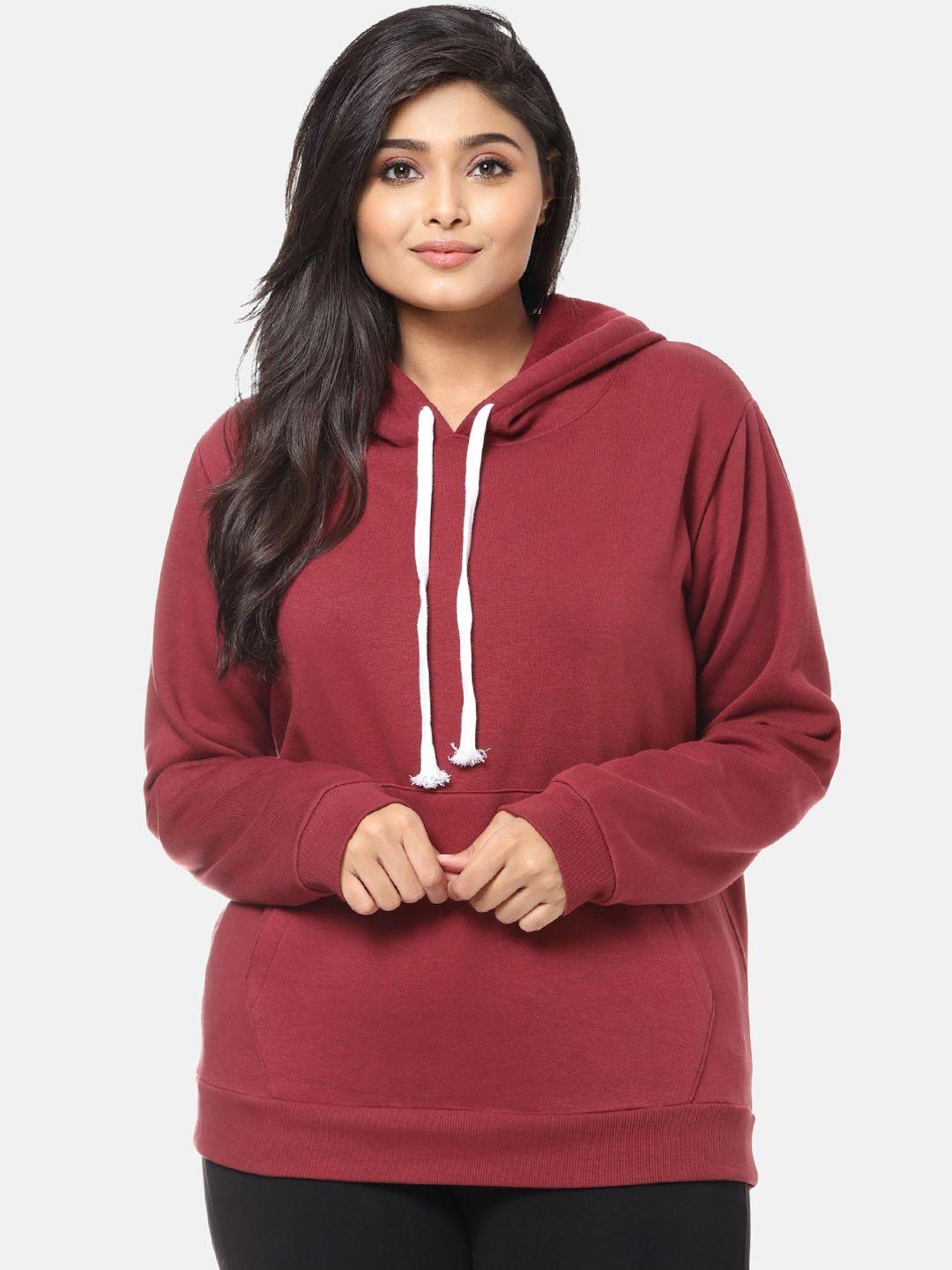 instafab plus women maroon solid hooded pullover sweatshirt
