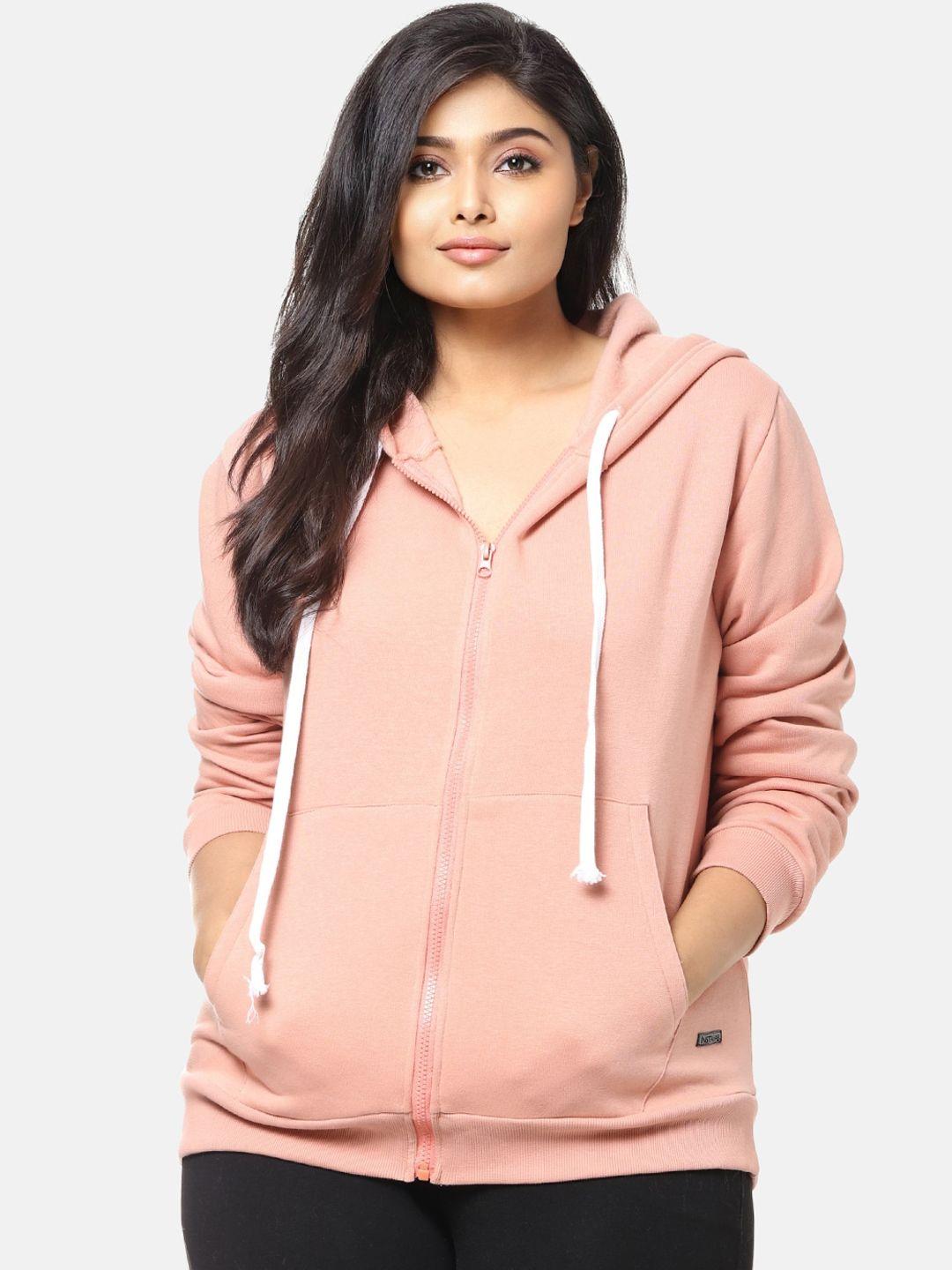 instafab plus women peach-coloured hooded front open sweatshirt